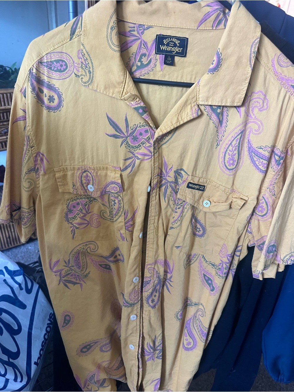 Billabong Men’s Mustard Button-Down Shirt with Purple Paisley Print